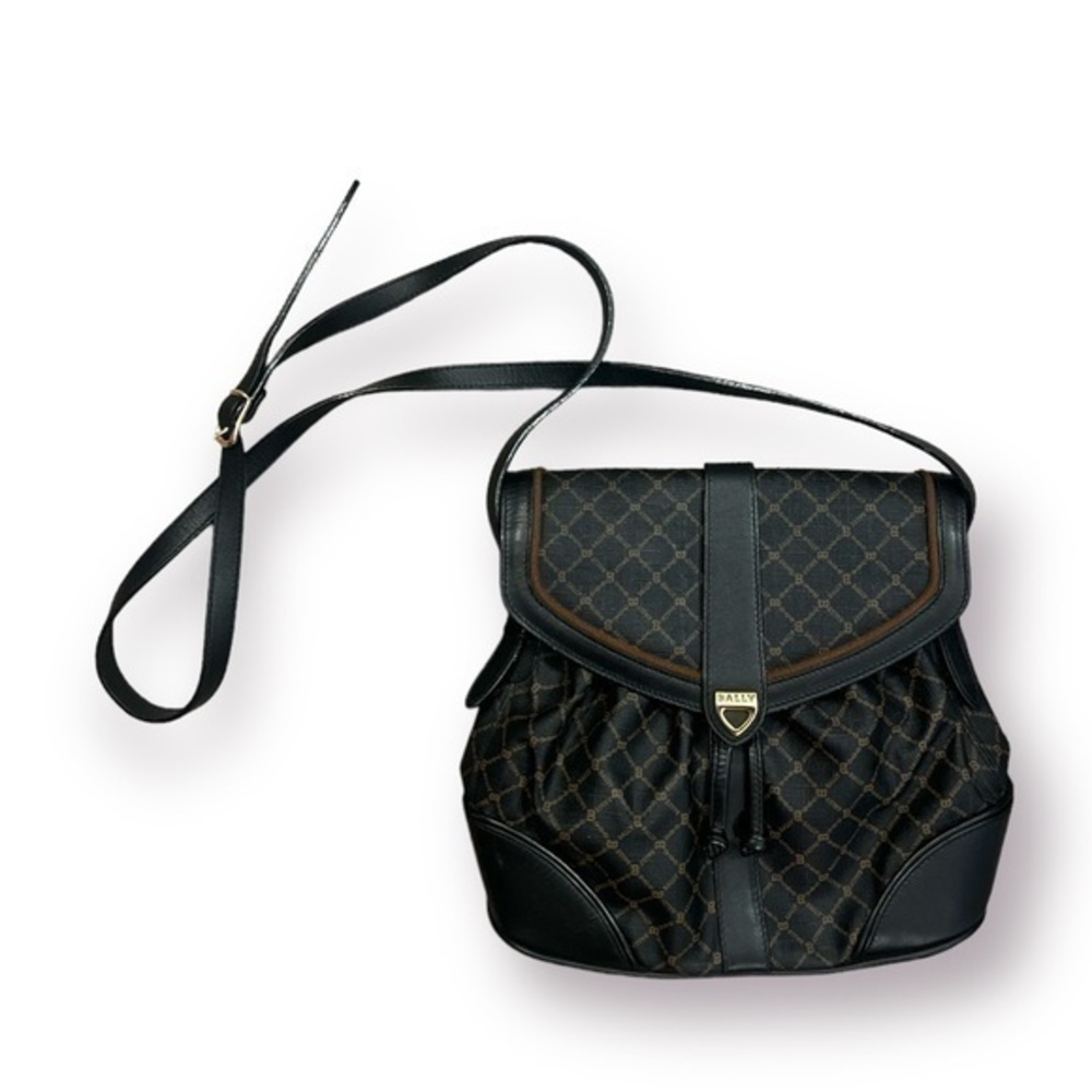 Vtg Bally Purse Black Leather Monogram logo  satchel bag Flap Closure Crossbody